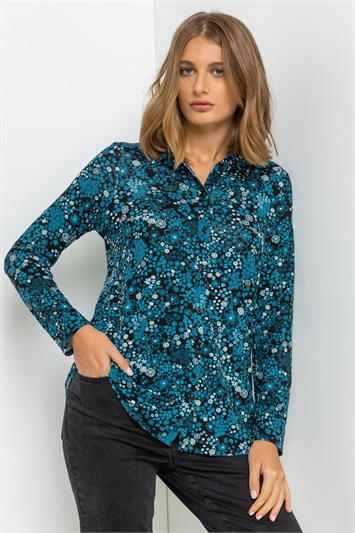 Contrast Floral Print Long Sleeve Jersey Shirt 10020291