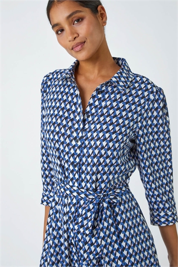 Geometric Print Tie Waist Midi Shirt Dress 14299109