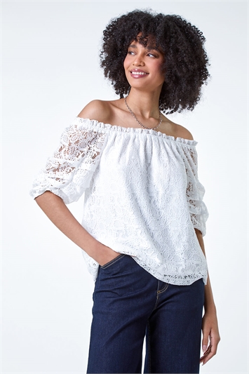 Lace Ruched Sleeve Bardot Top 19307438