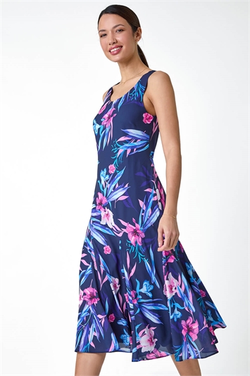 Sleeveless Tropical Print Bias Midi Dress 14517860