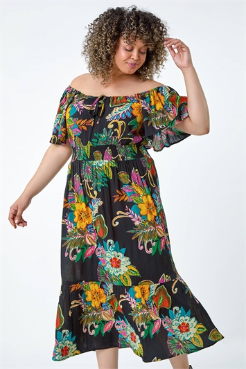 Curve Tropical Crinkle Shirred Midi Dress 14529208