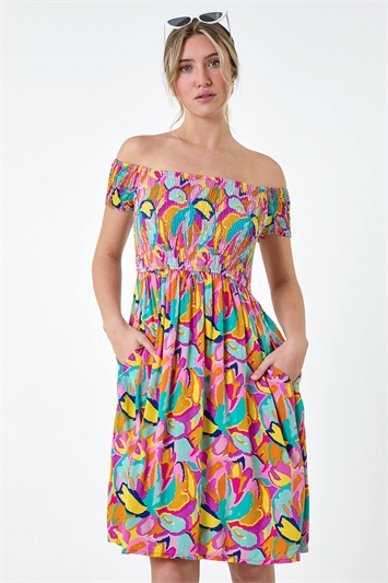 Abstract Shirred Bardot Pocket Dress 14559458
