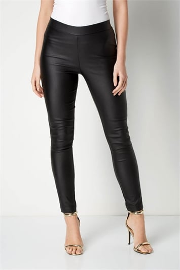 Faux Leather Pull On Stretch Trousers 