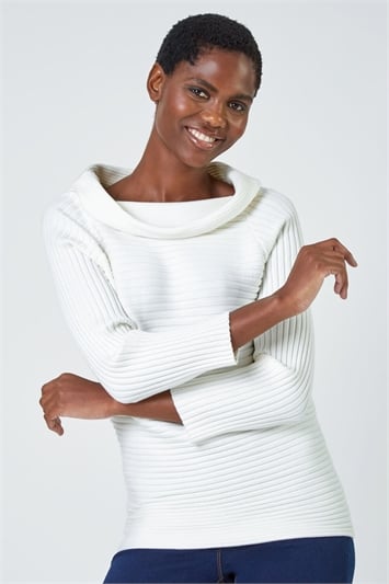 Ribbed Cowl Neck Stretch Jumper 16102638
