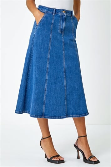 Cotton Denim Panelled Midi Skirt 17024129
