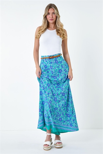 Floral Print Belted Maxi Skirt 17050434