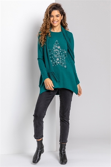 Star Print Embellished Tunic with Scarf 16056434