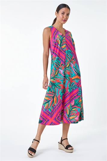 Tropical Leaf Print A-Line Midi Dress 14519478