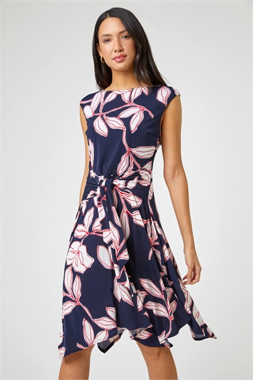 Floral Tie Waist Hanky Hem Asymmetric Dress 14247078
