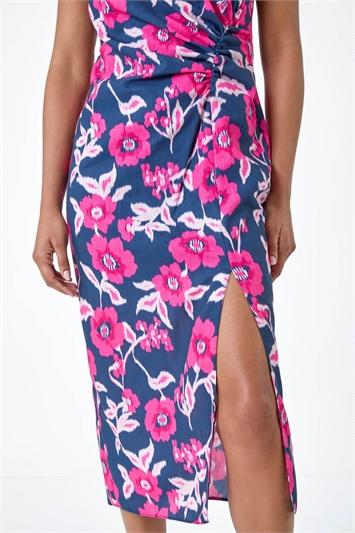 Floral Linen Look Ruched Midi Dress 14517972