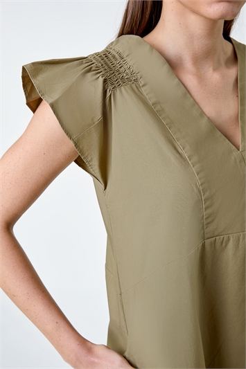 Plain Cotton Frill Sleeve Pocket Dress 14525840
