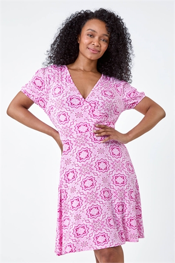 Petite Geo Print Stretch Wrap Dress 14566872