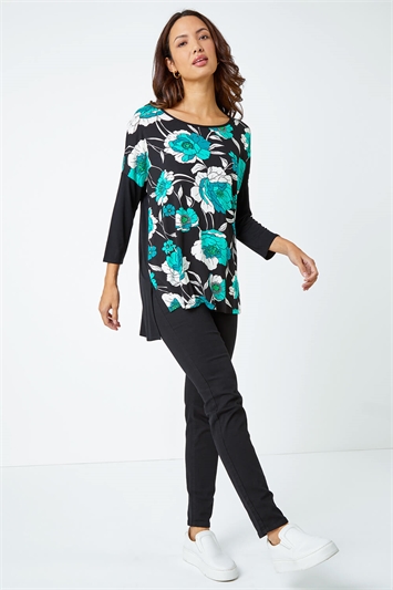 Contrast Sleeve Floral Print Tunic Top 19205934