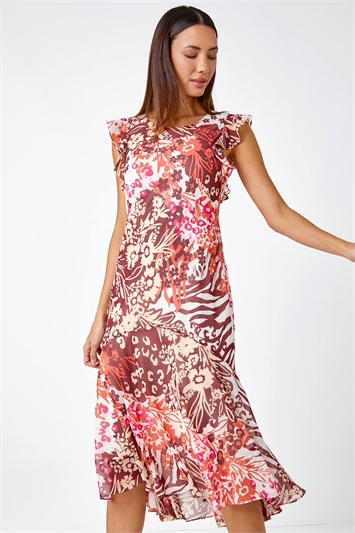 Floral Print Chiffon Frill Detail Midi Dress 14392072