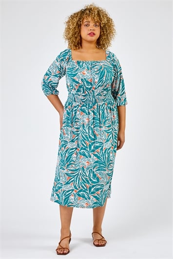 Curve Palm Leaf Print Shirred Midi Dress 14275734