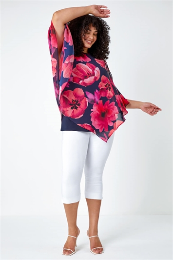 Curve Floral Print Chiffon Overlay Top
