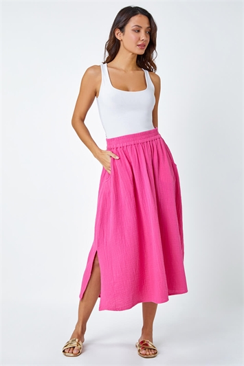 Textured Cotton Elastic Waist A Line Maxi Skirt 17041172