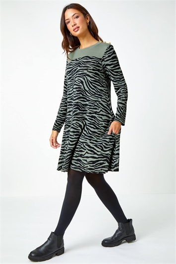Zebra Print Button Detail Stretch Swing Dress 14470640