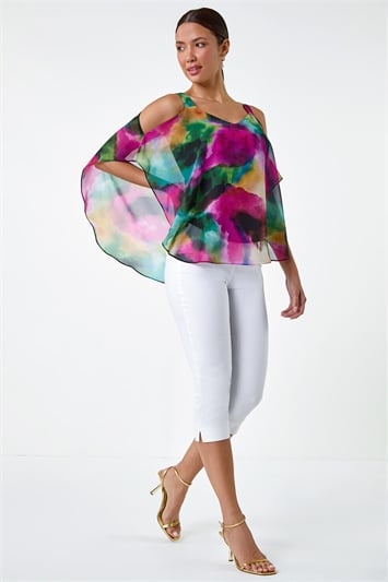 Abstract Print Cold Shoulder Overlay Top