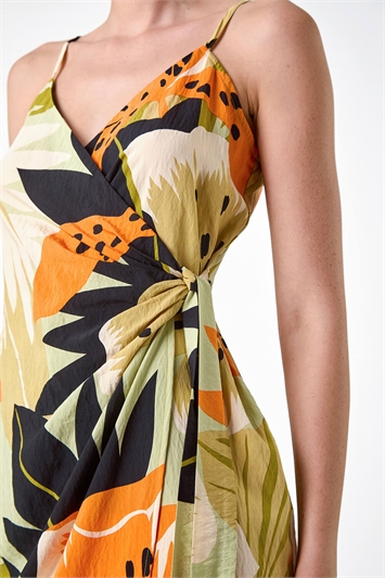 Leaf Print Strappy Wrap Midi Dress 14547840