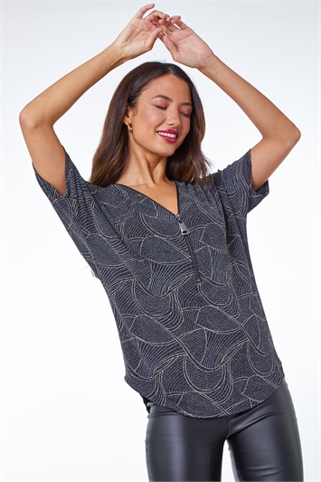 Linear Shimmer Print Zip Front Top 19180985