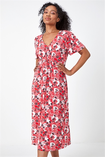 Petite Floral Shirred Stretch Midi Dress 14392778