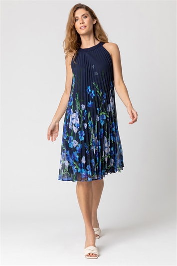 High Neck Floral Pleated Swing Dress 14237960
