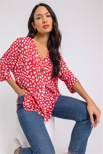 Abstract Spot Button Detail V-Neck Top 20090878