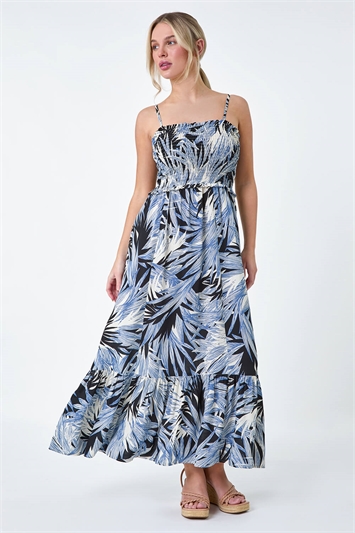 Petite Tropical Print Shirred Maxi Dress 14493460