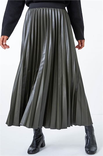 Faux Leather Pleated Elastic Waist Maxi Skirt 17012940