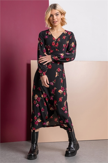 Gathered Waist Floral Ruched Midi Dress 14204808