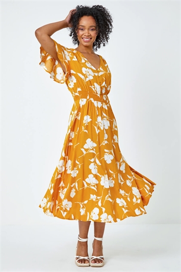 Petite Floral Print Shirred Midi Dress 14370796