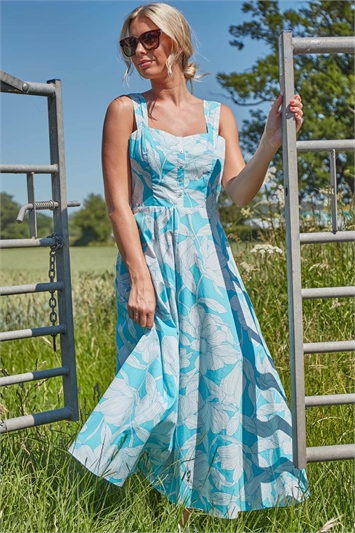 Floral Cotton Midi Sun Dress in Turquoise - Roman Originals UK