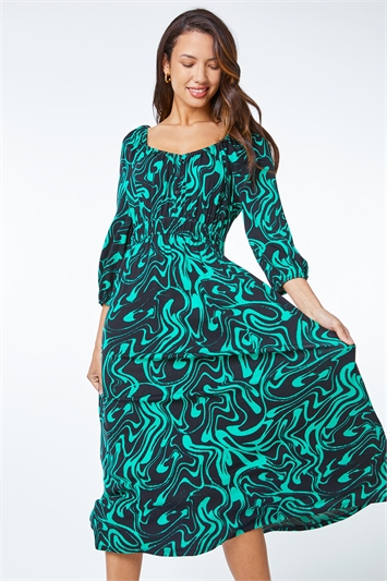 Swirl Print Shirred Waist Midi Dress 14321034