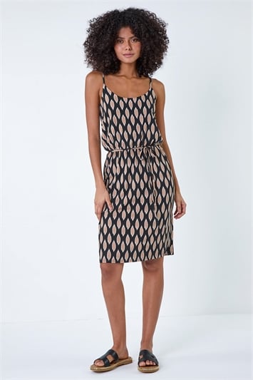 Sleeveless Graphic Print Belted Stretch Dress 14247308