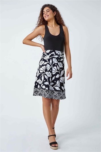 Cotton Blend Floral Elastic Waist Skirt 17044108