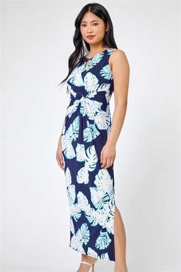 Petite Tropical Print Ruched Maxi Dress