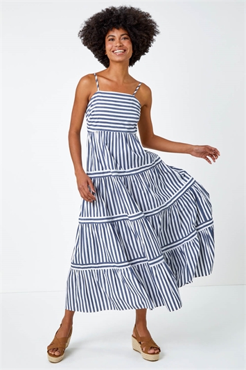 Sleeveless Stripe Tiered Cotton Maxi Dress 14382860