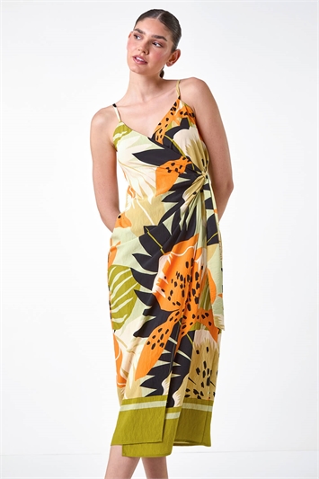 Leaf Print Strappy Wrap Midi Dress 14547840