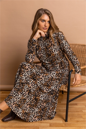 High Neck Leopard Print Midi Dress 14199616