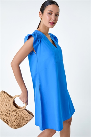 Plain Cotton Frill Sleeve Pocket Dress 14525809