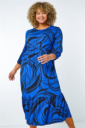 Curve Abstract Print Tiered Stretch Midi Dress 14314580