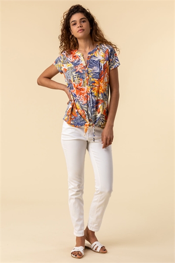 Tropical Print Tie Front Stretch Top 19101364