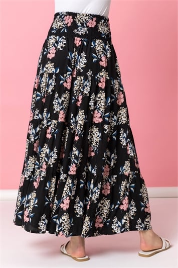 Floral Shirred Waist Elastic Waist Maxi Skirt 17025208