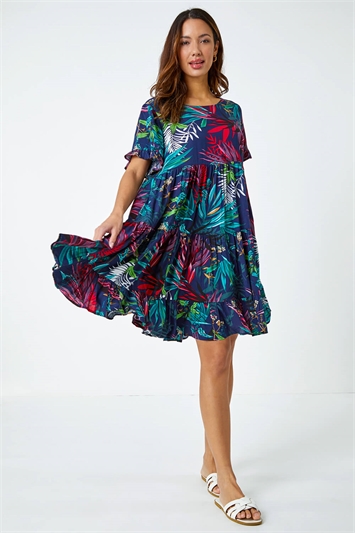 Tropical Frill Sleeve Tiered Smock Dress 14417360