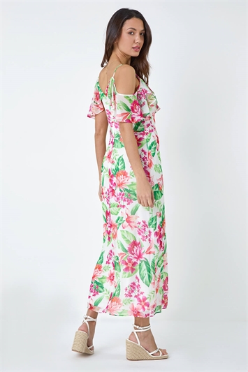 Floral Print Cold Shoulder Chiffon Midi Dress 14397838