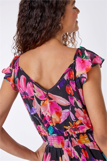 Floral Shirred Waist Chiffon Ruffle Midi Dress 14249508