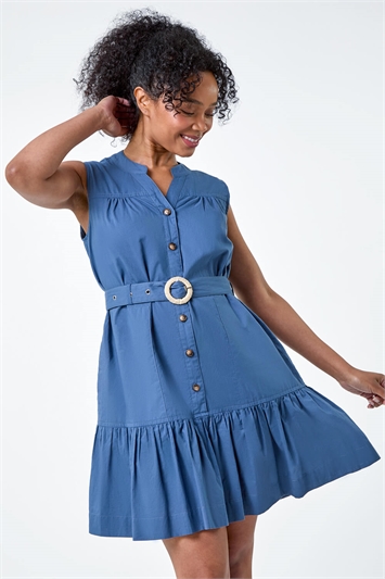 Petite Belt Detail Frill Cotton Shirt Dress