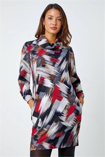 Cowl Neck Abstract Print Stretch Shift Dress 14431978