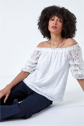 Lace Ruched Sleeve Bardot Top
